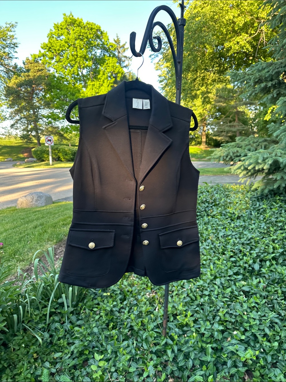 Joie Black Sleeveless Blazer Vest with Gold Buttons and Flap Pockets